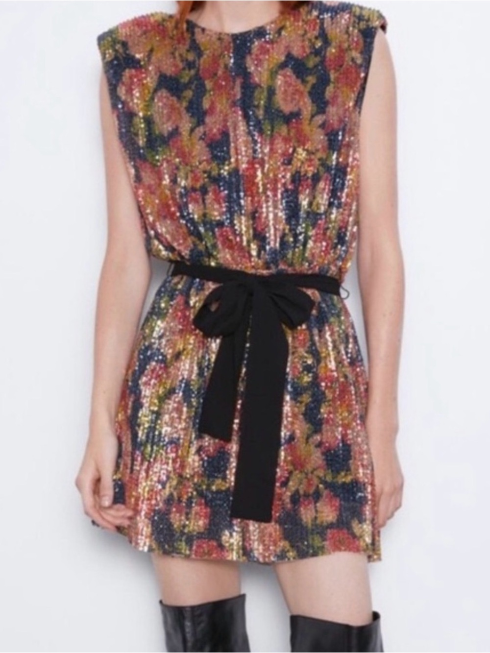 Zara Sequined Floral Mini Dress with Black Waist Tie Party Cocktail Small